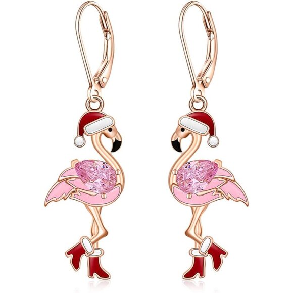 Christmas Flamingo Earrings for Women Pink Sterling Silver Dangle Bird Jewelry H